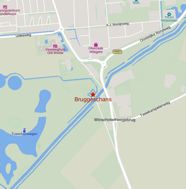 En kaart van Winschoterhoogebrug met in het midden de Bruggeschans. 